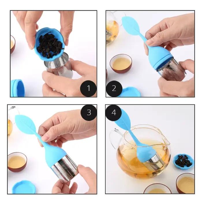Infuseur à thé - Filtre à thé à mailles fines en acier inoxydable avec poignée en feuille de silicone sans BPA et bac d'égouttage pour tous les thé en feuilles mobiles