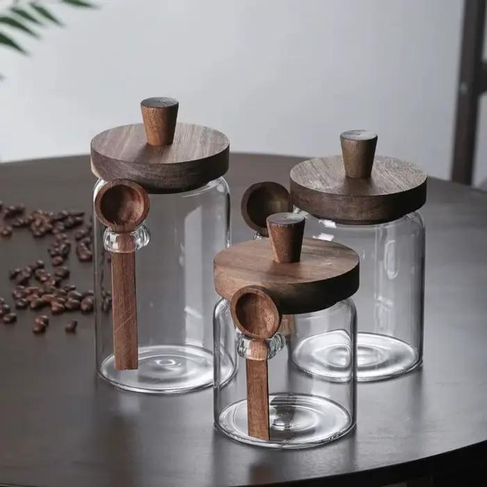 Pot de stockage de grains de café anti-humidité avec couvercle en bois et cuillère