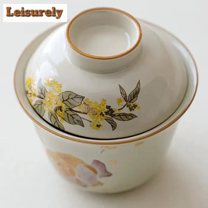 100ml herbe gris or Osmanthus poisson Gaiwan luxe thé Tureen bol à thé avec couvercle Kit théière couverture bol chinois service à thé artisanat
