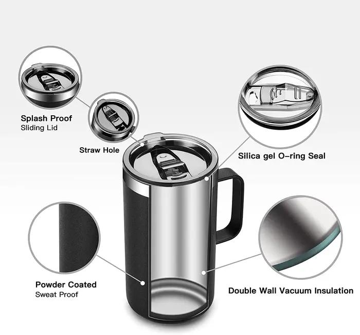 Tasse à café isolée en acier inoxydable avec couvercle pour boissons chaudes et froides, idéale pour le bureau, les randonnées et les événements