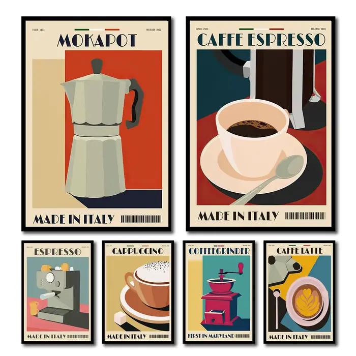 Affiche murale sur toile avec motif de cafetière italienne et grains de café