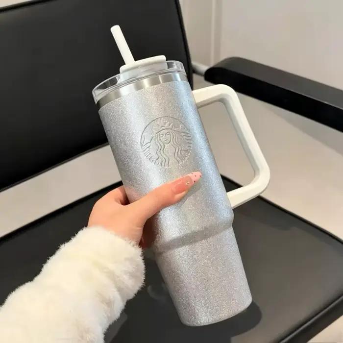Mug Starbucks en acier inoxydable argenté scintillant de 900 ml avec poignée ergonomique