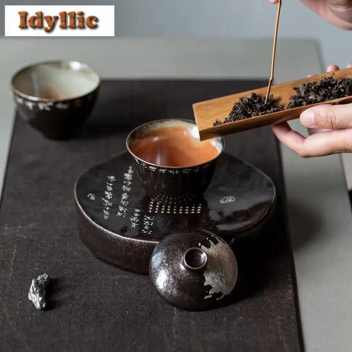 100ml noir glaçure poésie Gaiwan Antique thé Tureen bol à thé avec couvercle Kit thé faisant bol de couverture Services à thé accessoires cadeau