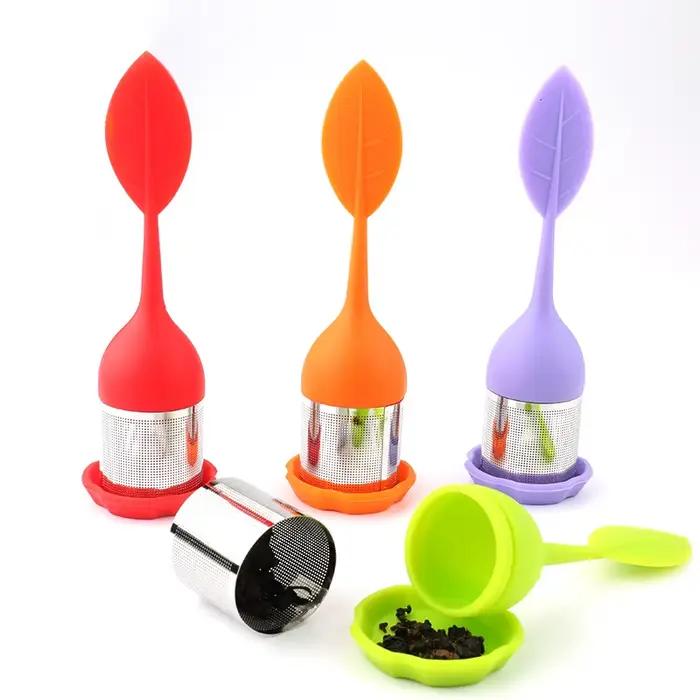 Infuseur à thé - Filtre à thé à mailles fines en acier inoxydable avec poignée en feuille de silicone sans BPA et bac d'égouttage pour tous les thé en feuilles mobiles