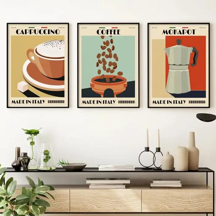 Affiche murale sur toile avec motif de cafetière italienne et grains de café