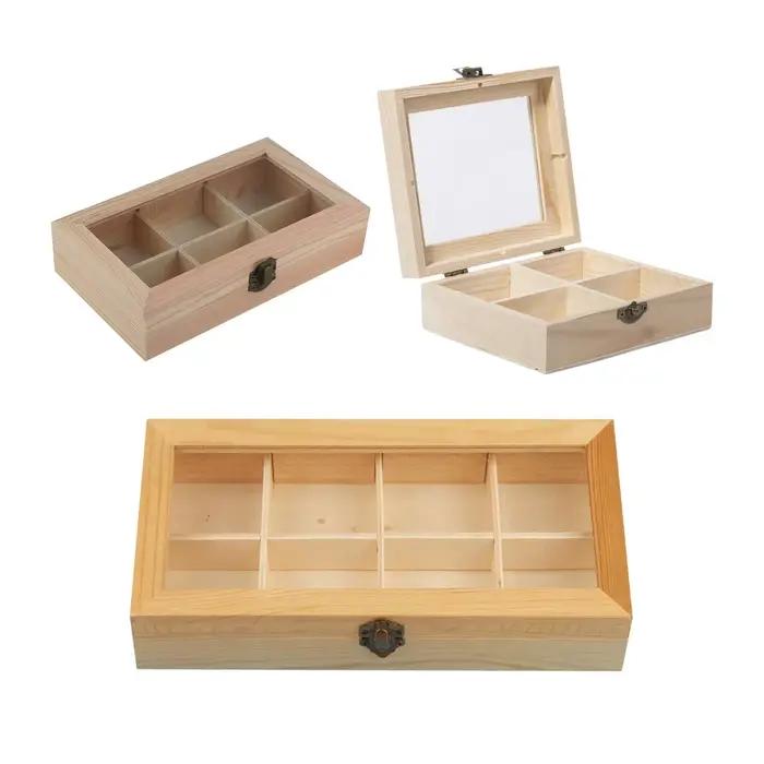 Boîte à thé en bois avec fenêtre en verre compartiment multiple pour rangement de thé et café occasionnelle multifonctionnelle élégante et pratique