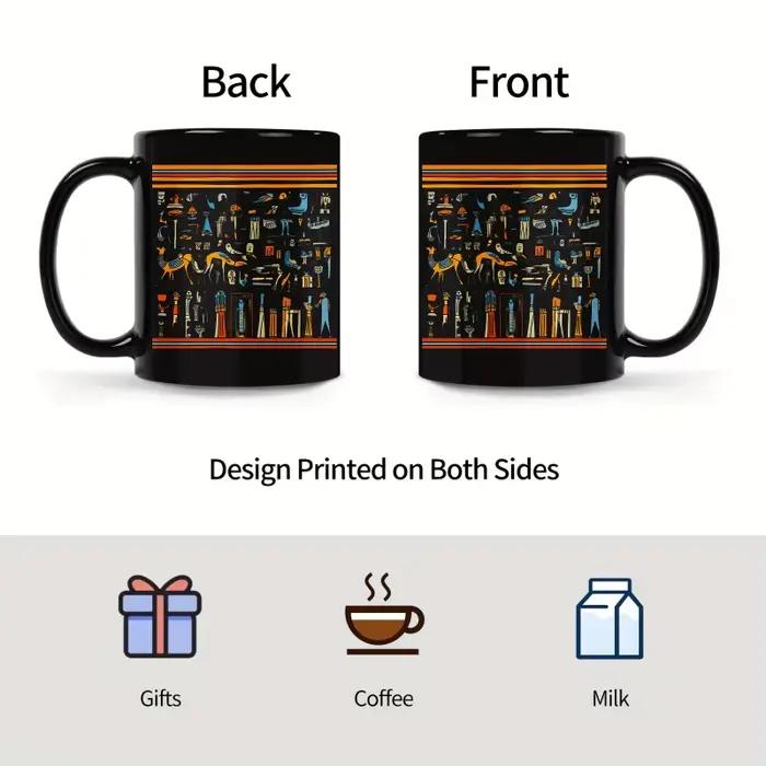 Tasse en céramique noire avec hiéroglyphes égyptiens et symboles conçus pour le café