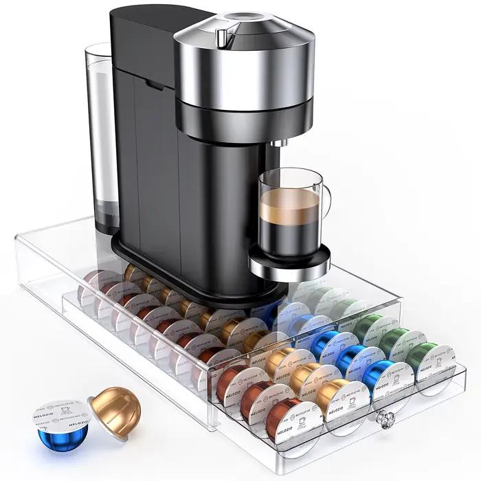 Porte-dosettes en plastique clair pour capsules Nespresso Vertuo, rangement de 40 dosettes, conception ergonomique pourvue d'une vue directe sur chaque capsule, compatible avec les machines Nespresso VertuoLine, facile à installer et à entretenir