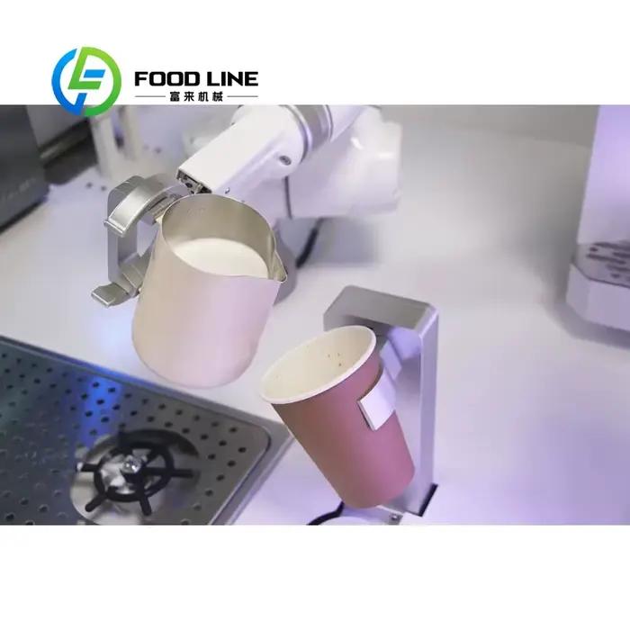 Machine à café robotisée moderne personnalisée avec bras robotisé pour réaliser des latte arts complexes et augmenter la productivité des commerces de café et restaurants