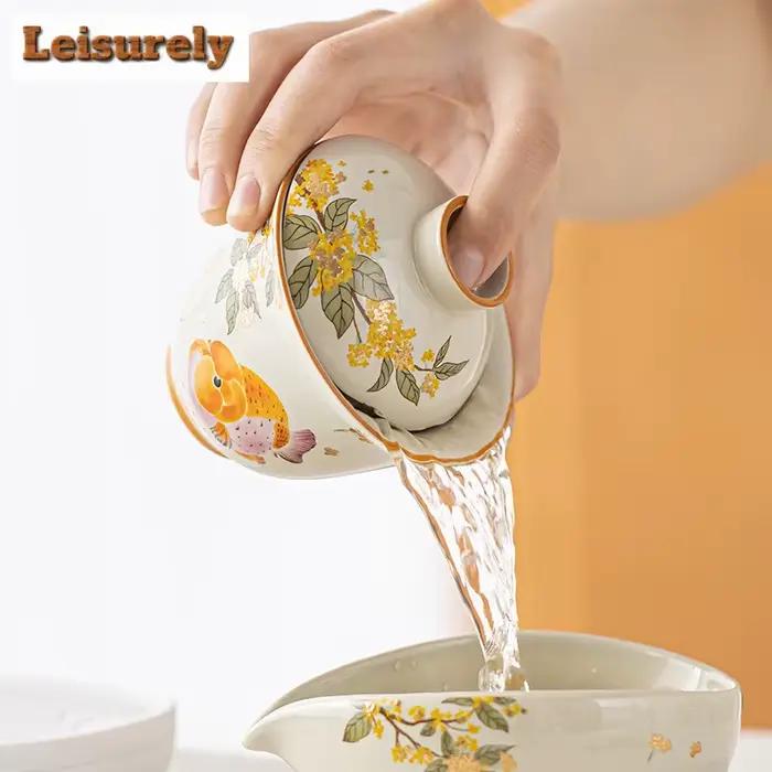 100ml herbe gris or Osmanthus poisson Gaiwan luxe thé Tureen bol à thé avec couvercle Kit théière couverture bol chinois service à thé artisanat