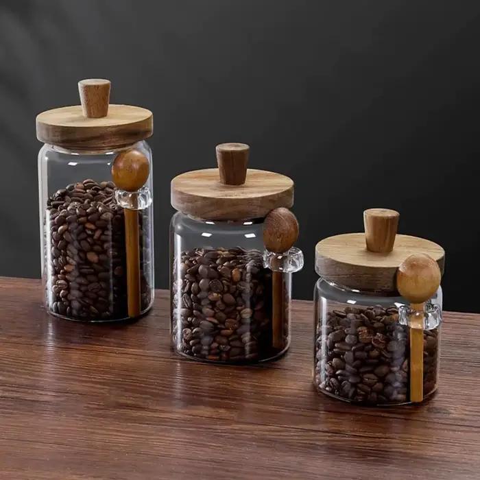 Pot de stockage de grains de café anti-humidité avec couvercle en bois et cuillère