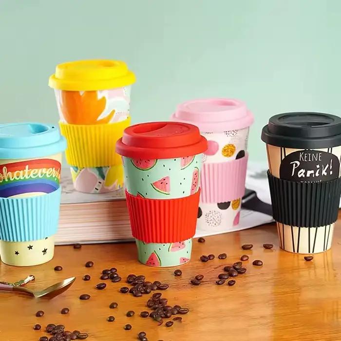 Tasse à café réutilisable YUAYO en fibre de bambou résistante à la chaleur avec couvercle en silicone pour café et thé, idéale pour les voyages et les occasions spéciales ```