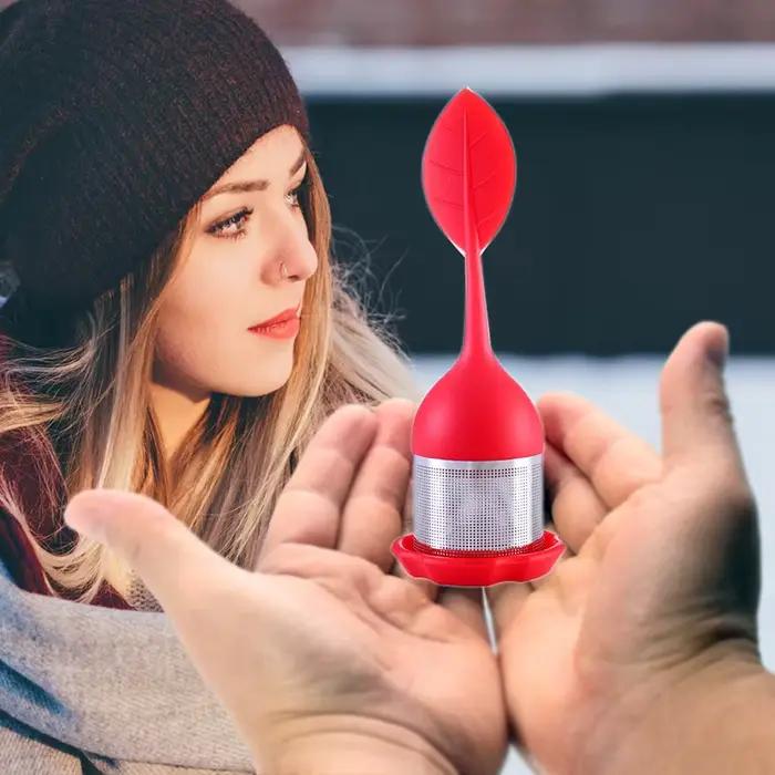 Infuseur à thé - Filtre à thé à mailles fines en acier inoxydable avec poignée en feuille de silicone sans BPA et bac d'égouttage pour tous les thé en feuilles mobiles