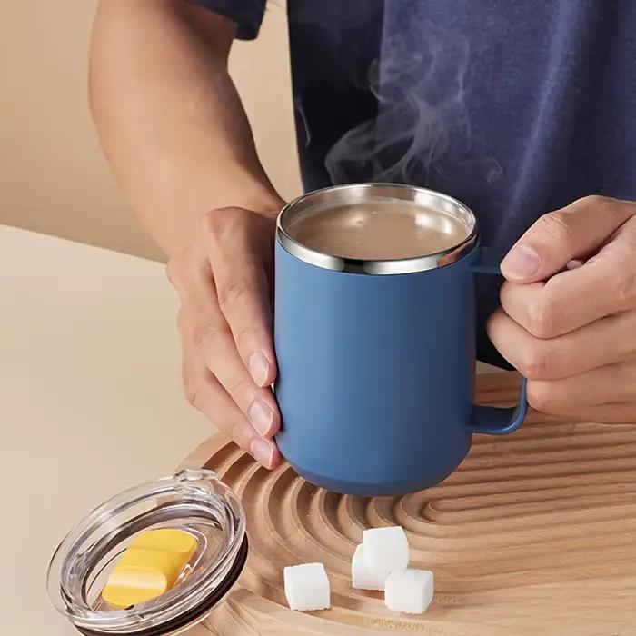 Tasse à café isolée avec poignée acier inoxydable 304 double paroi capacité 400-600 ml couleurs bleu clair orange jaune vert