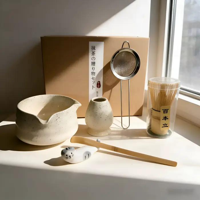 Ensemble de thé matcha en céramique gris clair comprenant bol, cuillère en bambou, fouet et tamis pour amateurs et débutants