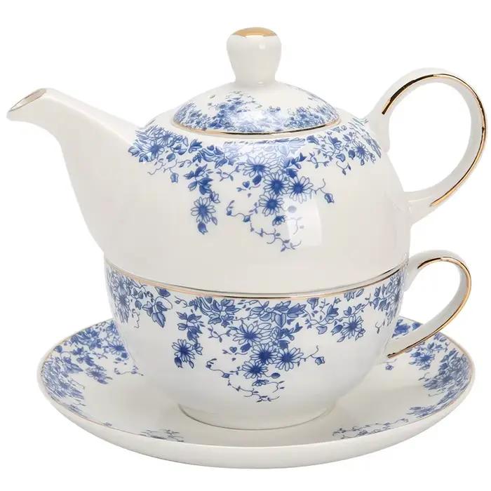 Ensemble de tasses à thé marguerite bleue et blanche classique pour la maison, théière à fleurs anglaises, tasse et soucoupe en céramique porcelaine pour l'après-midi