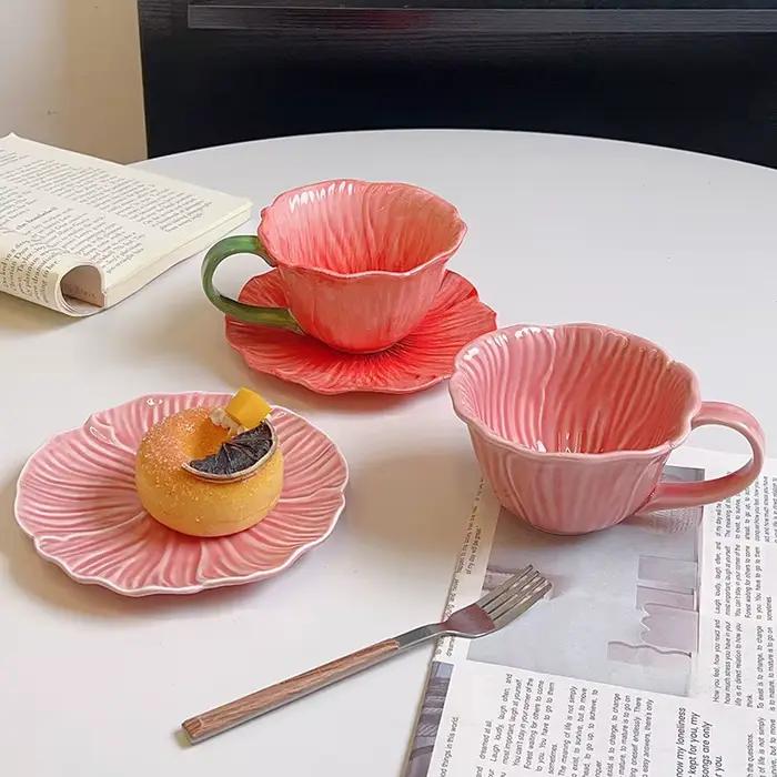 Tasse à café et soucoupe en céramique décorée à la main motif floral style rétro français pour thé après-midi cadeau occasion spéciale