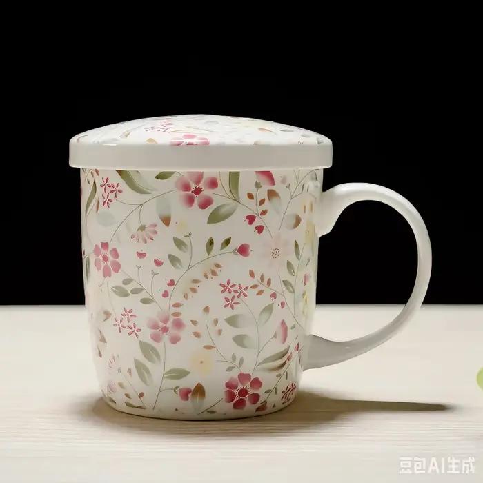 Tasse en porcelaine véritable à motifs floraux roses avec couvercle pour petit déjeuner élégant et pause café occasions spéciales