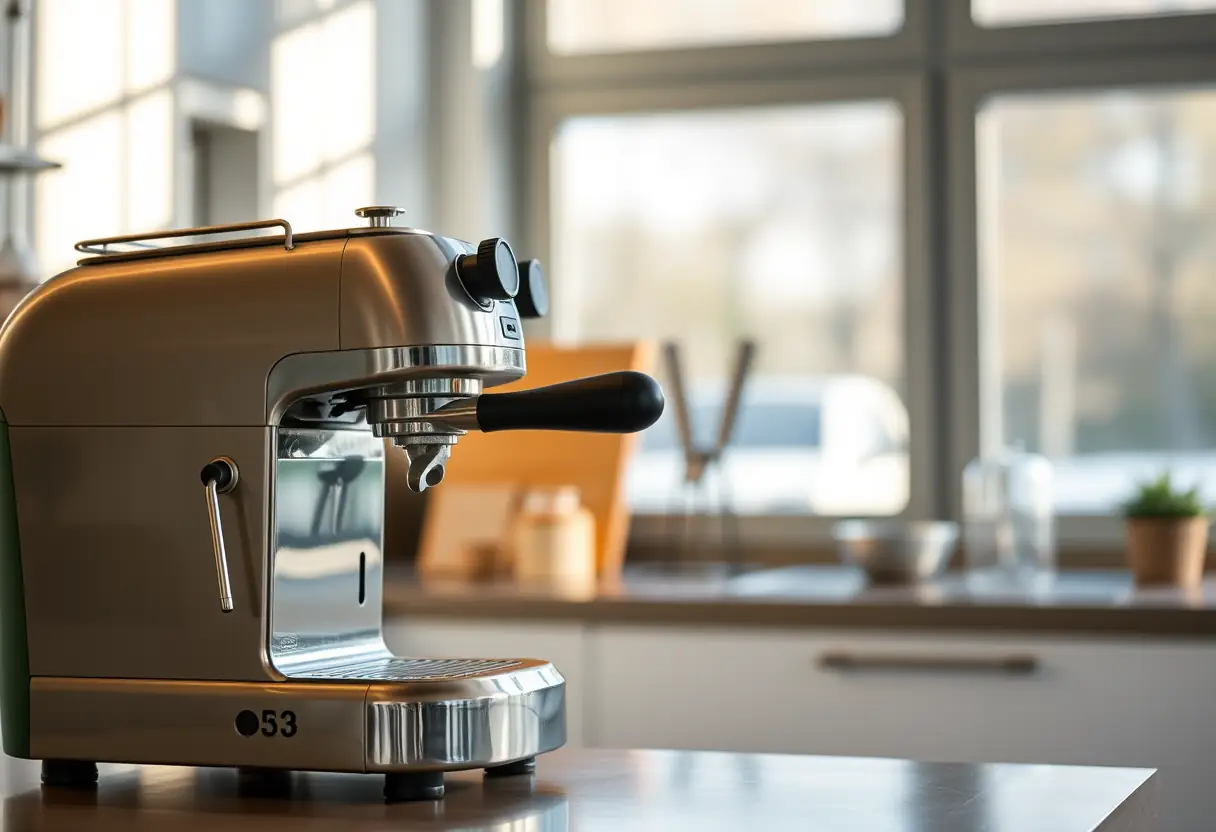Un expresso-machine à levier dans une cuisine bien éclairée