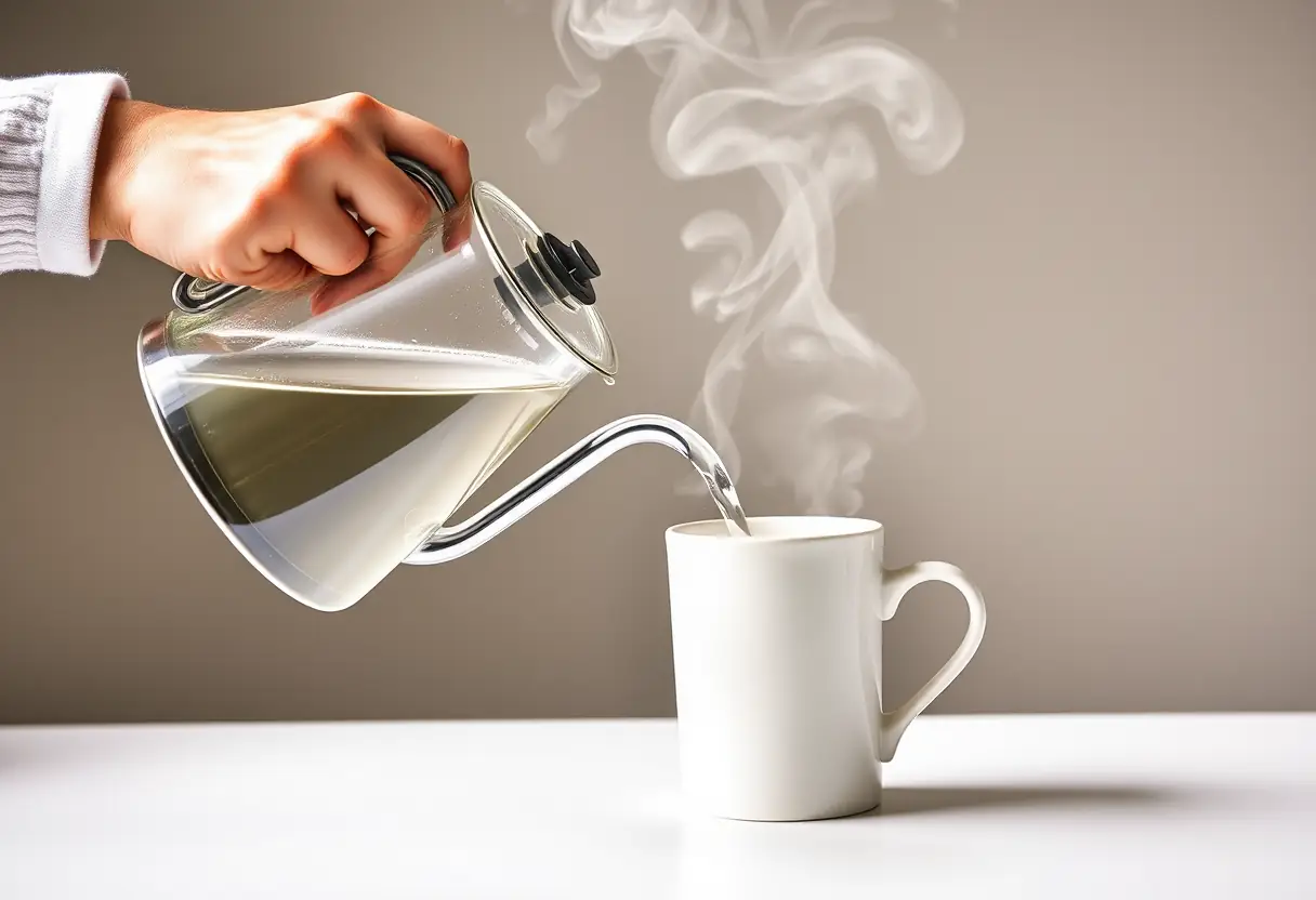 Main d'une personne versant de l'eau chaude dans une tasse blanche