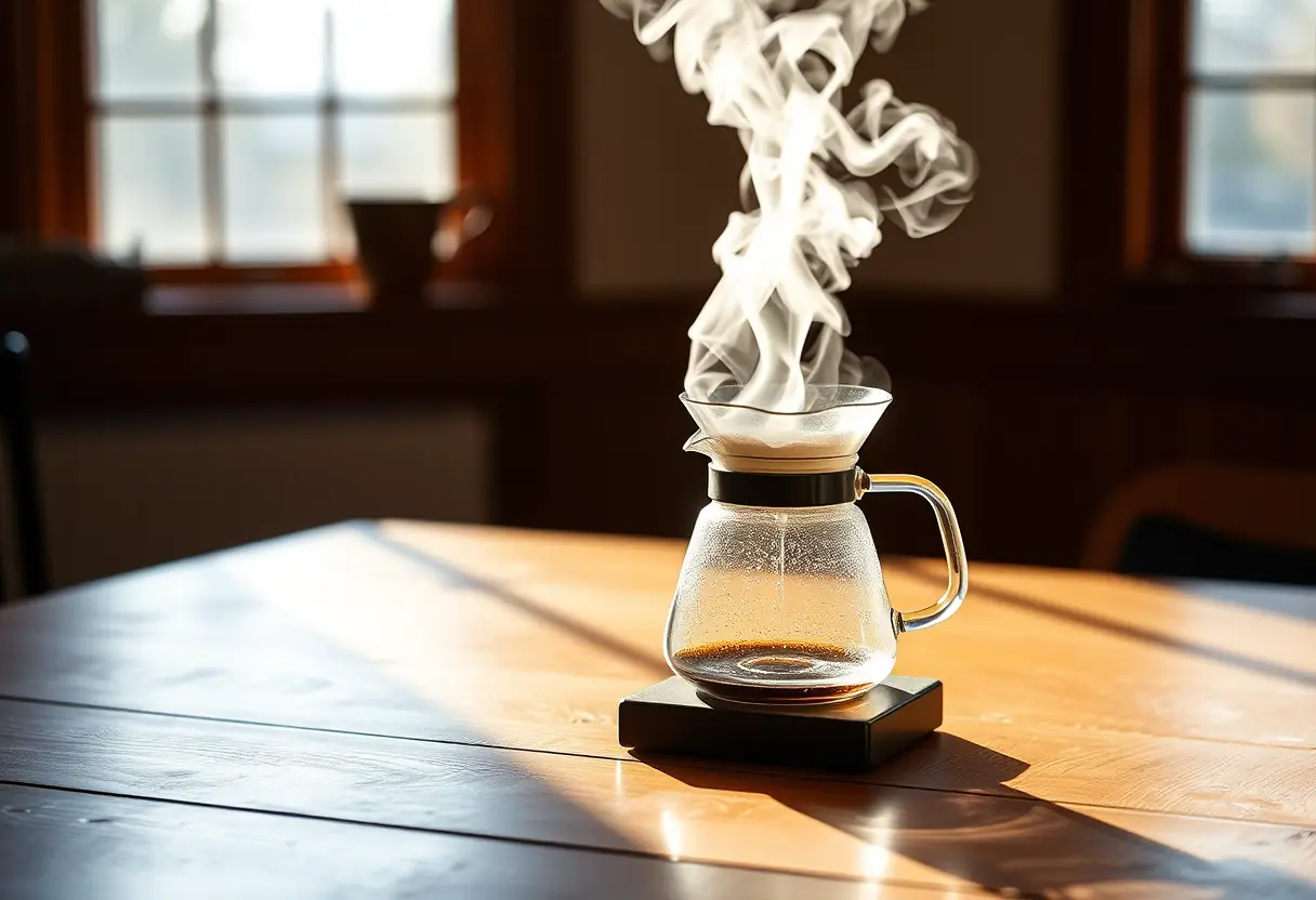 La vapeur s'échappe d'une cafetière à piston en verre posée sur une table en bois