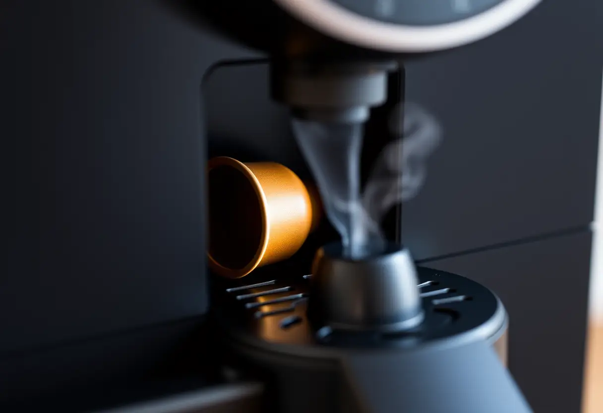 Insertion d'une capsule dans une machine à café noire avec de la vapeur qui s'échappe