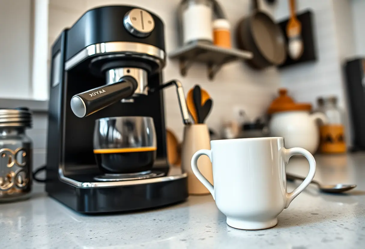 Comptoir de cuisine avec une machine à café et une tasse de café espresso