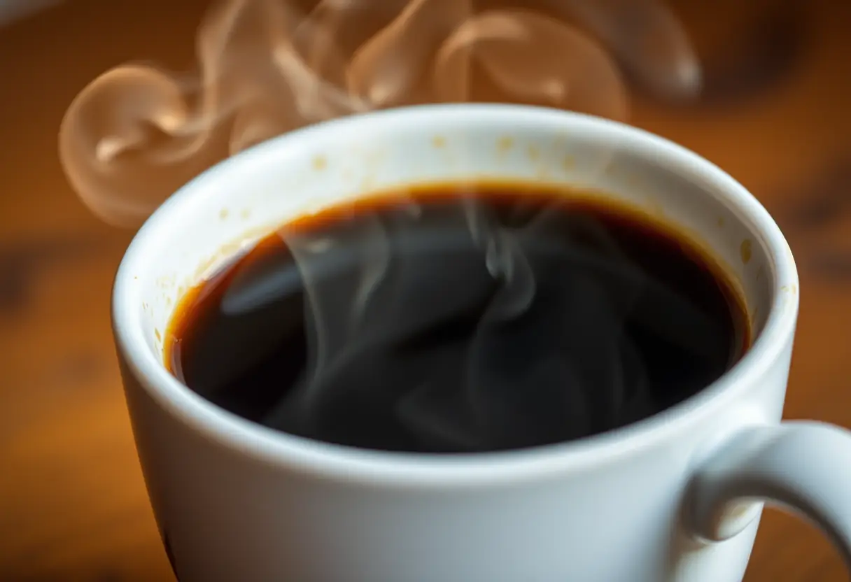 Un café rempli d'espresso fumant sous un angle rapproché