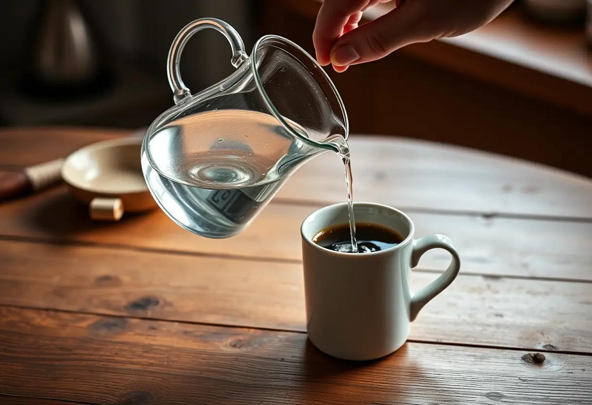 Main de café fraîchement préparé sur une table de cuisine rustique