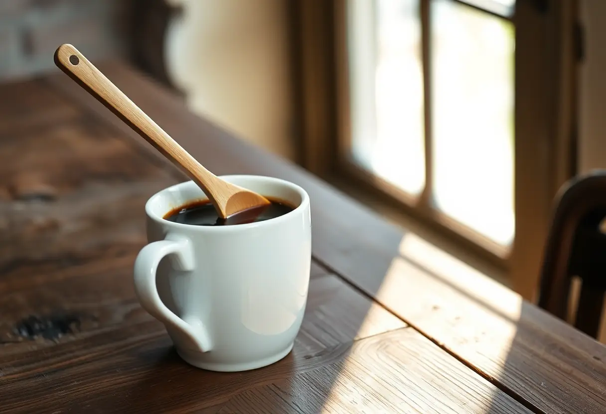 Cuillère en bois remuant un café foncé dans une tasse blanche sur une table en bois