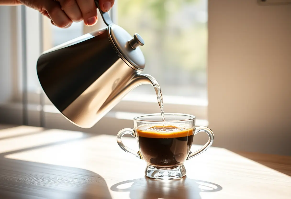 Main de quelqu'un versant de l'eau chaude dans une tasse d'espresso