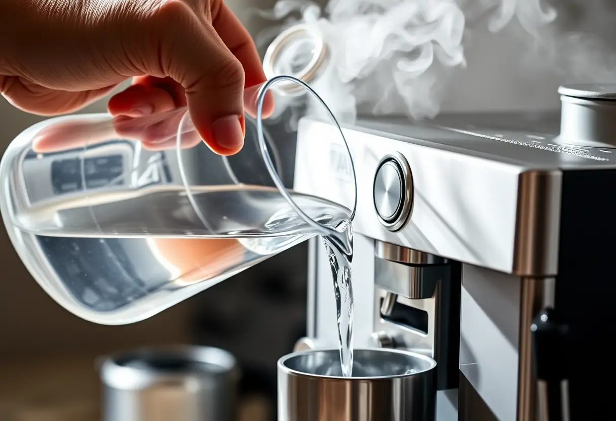 Une main verse de l'eau chaude d'un seau en plastique transparent dans une machine à café argentée