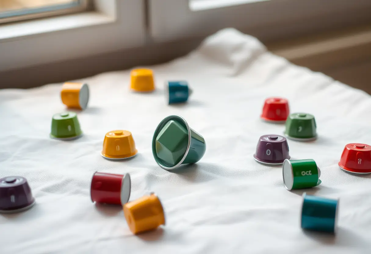 Une capsule de café posée sur un linge blanc entourée de plusieurs autres capsules de couleurs variées